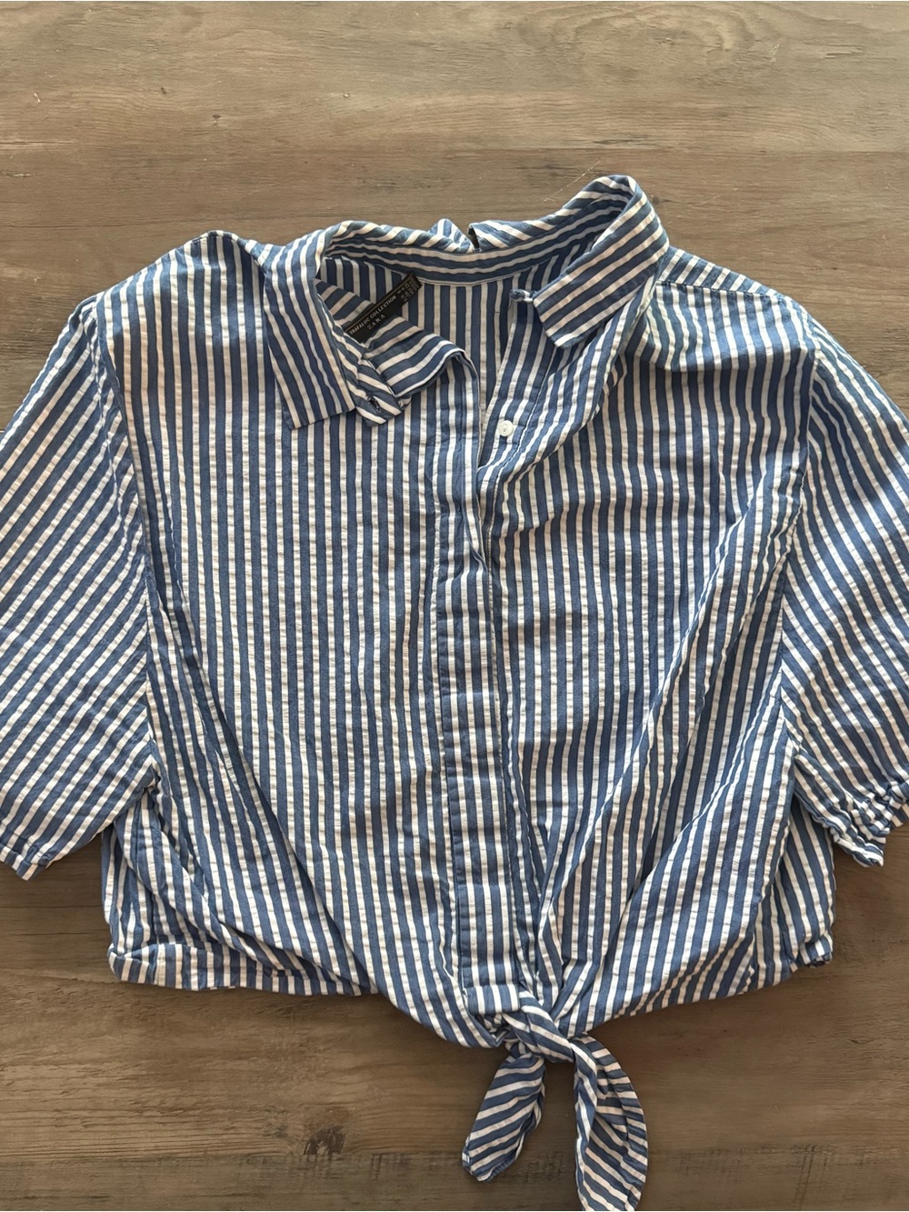 Zara Blue and White Striped Tie-Front Button Down Shirt